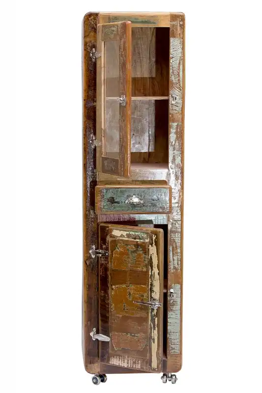 Reclaimed Ice Box Tall Cabinet with 1 Drawer & 2 Doors on Rollers - popular handicrafts